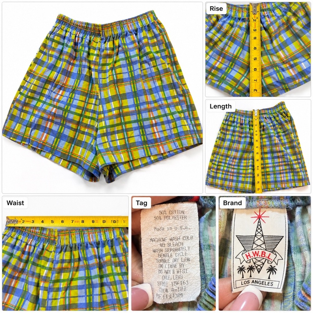 Vintage H.W.B.L. Los Angeles Plaid Shorts Blue Green Orange Medium Made in USA